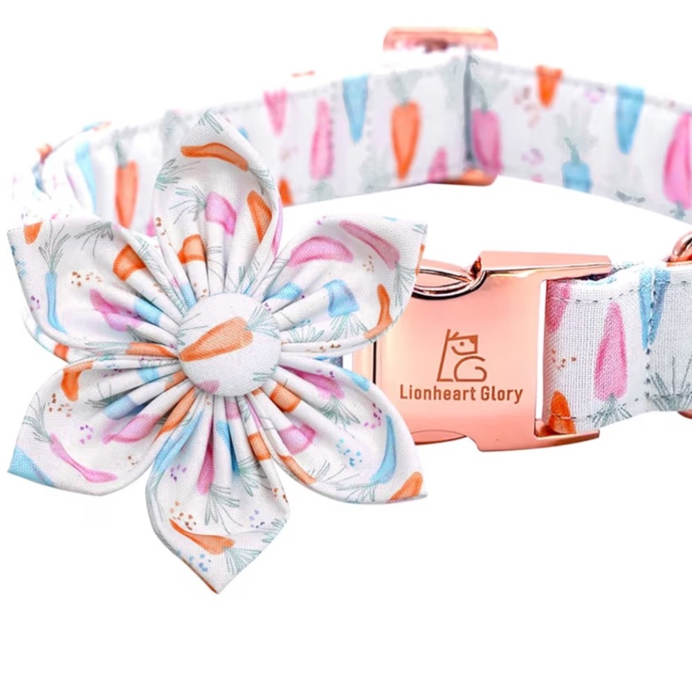 Dog collar Easter carrot new flower bow metal clasp XL pastel color floral